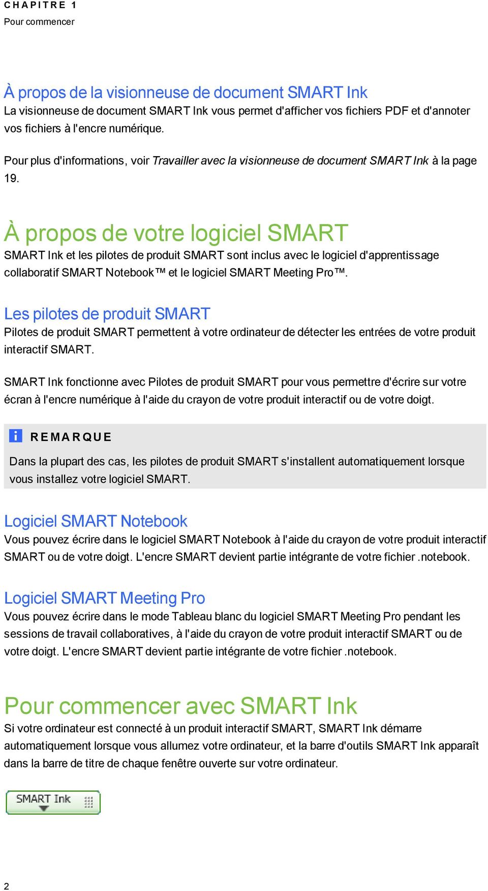 À propos de votre loiciel SMART SMART Ink et les pilotes de produit SMART sont inclus avec le loiciel d'apprentissae collaboratif SMART Notebook et le loiciel SMART Meetin Pro.