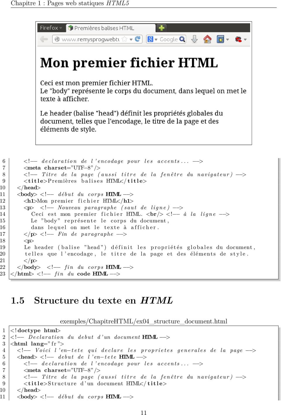 début du corps HTML > 12 <h1>mon premier f i c h i e r HTML</h1> 13 <p> <! Nouveau paragraphe ( saut de l i g n e ) > 14 Ceci e s t mon premier f i c h i e r HTML. <br/> <!
