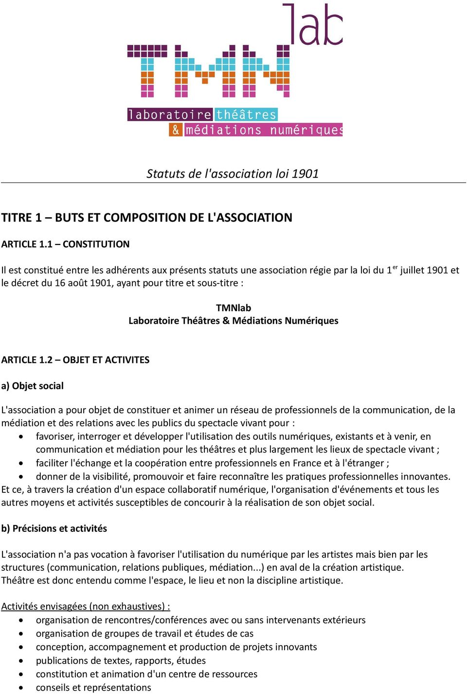 Laboratoire Théâtres & Médiations Numériques ARTICLE 1.