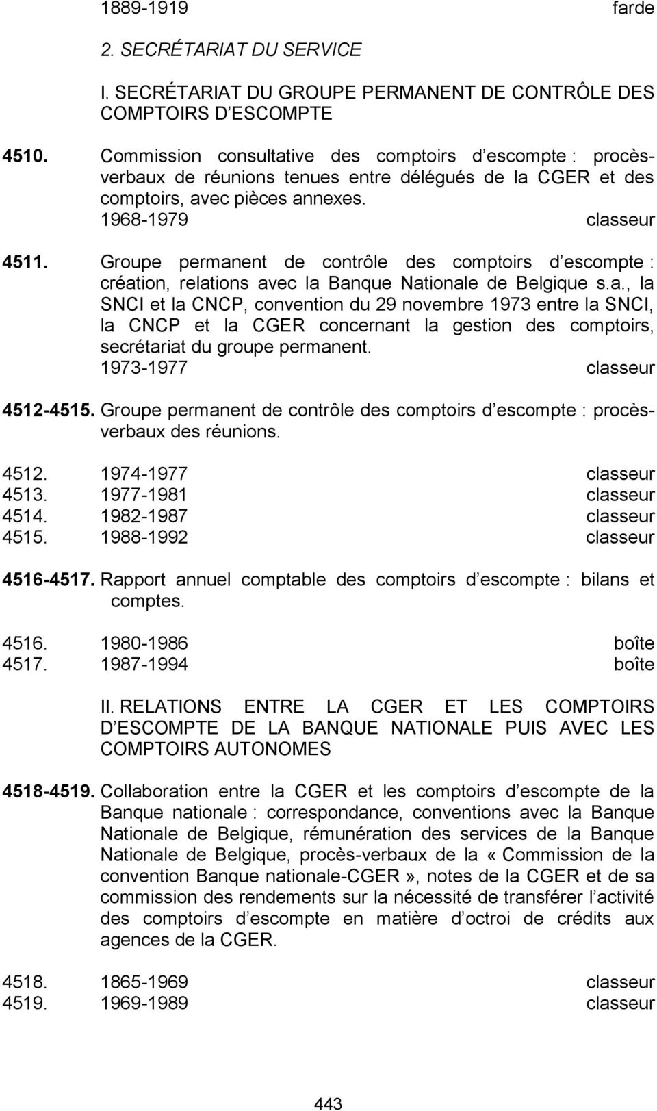 Groupe permanent de contrôle des comptoirs d escompte : création, relations avec la Banque Nationale de Belgique s.a., la SNCI et la CNCP, convention du 29 novembre 1973 entre la SNCI, la CNCP et la CGER concernant la gestion des comptoirs, secrétariat du groupe permanent.