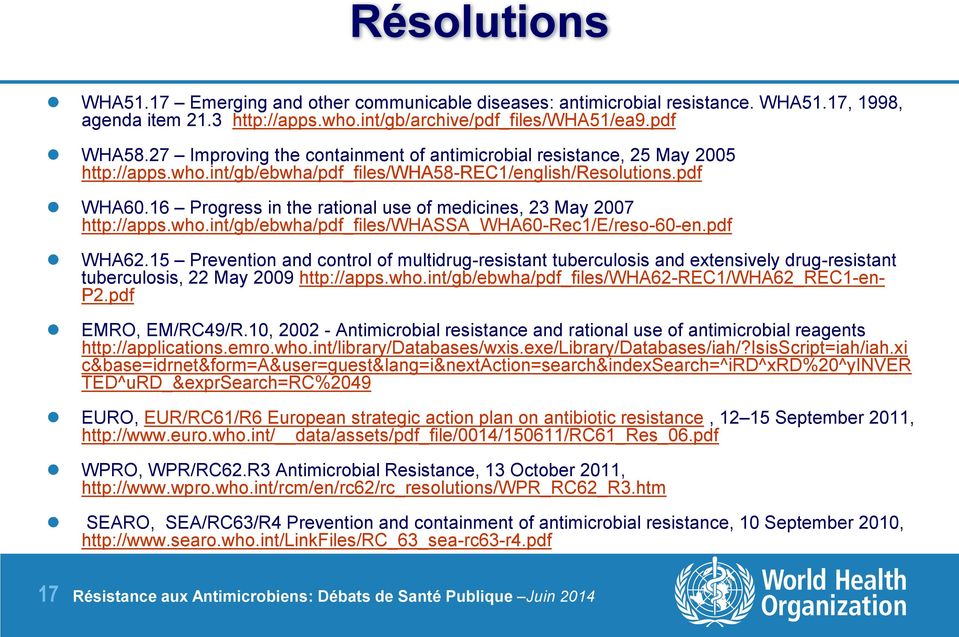 16 Progress in the rational use of medicines, 23 May 2007 http://apps.who.int/gb/ebwha/pdf_files/whassa_wha60-rec1/e/reso-60-en.pdf WHA62.