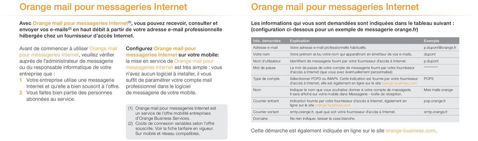 Avant de commencer à utiliser Orange mail pour messageries Internet, veuillez vérifier auprès de l administrateur de messagerie ou du responsable informatique de votre entreprise que : 1 Votre