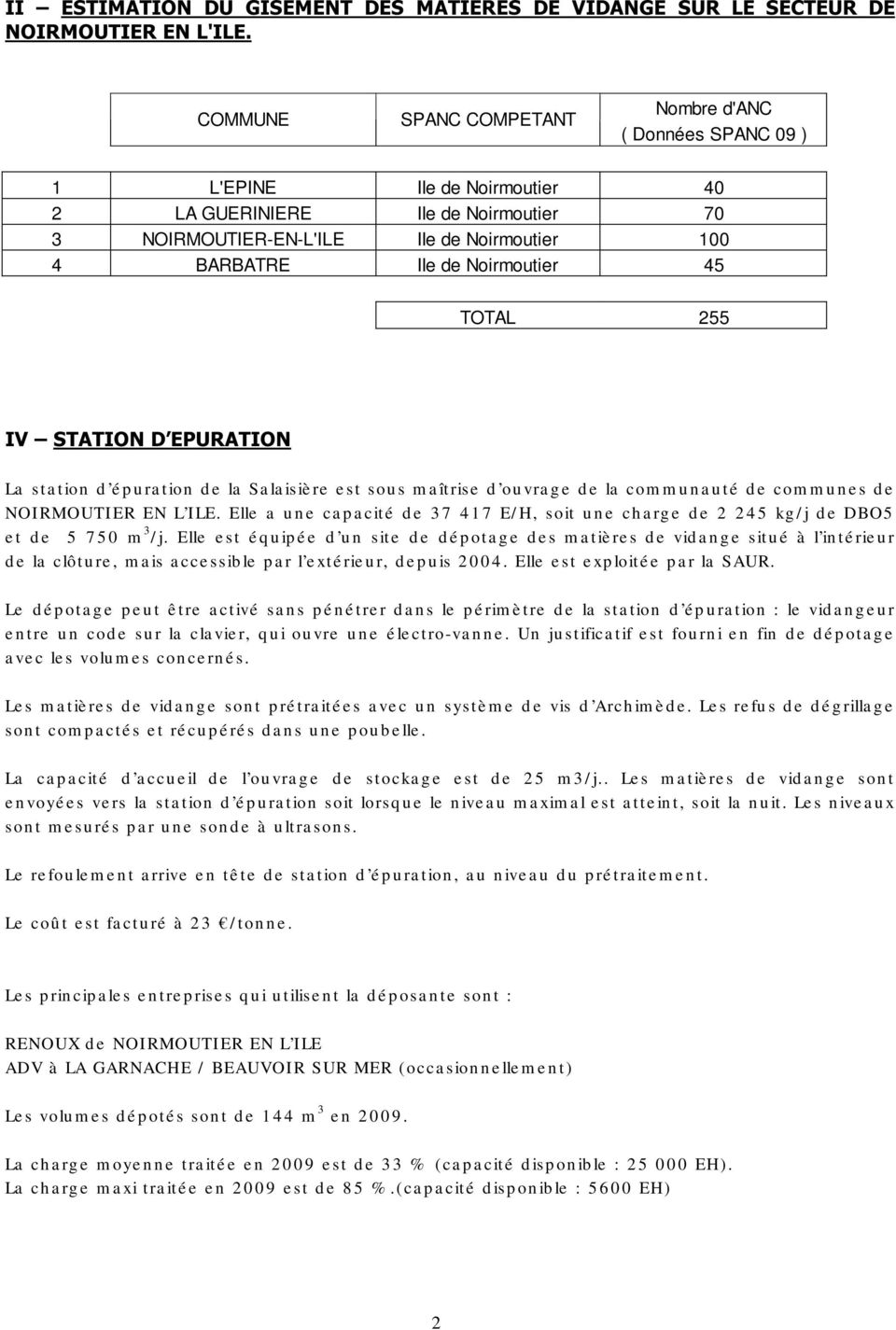 Noirmoutier 45 TOTAL 255 IV STATION D EPURATION La station d épuration de la Salaisière est sous maîtrise d ouvrage de la communauté de communes de NOIRMOUTIER EN L ILE.