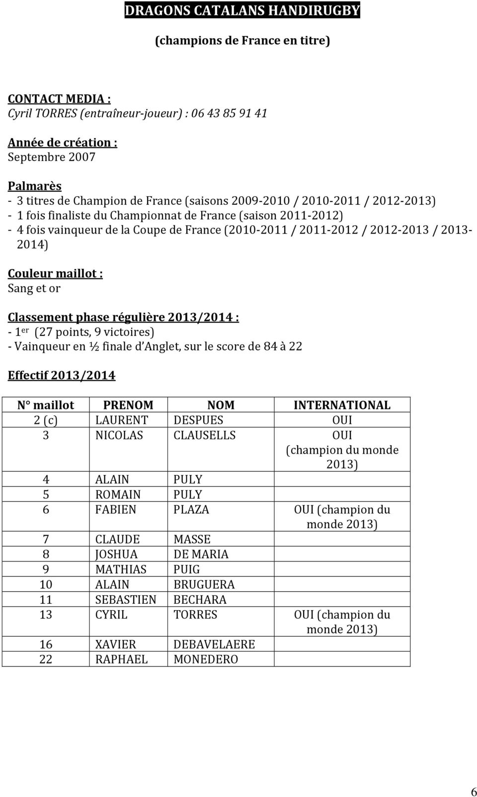 2013-2014) Couleur maillot : Sang et or Classement phase régulière 2013/2014 : - 1 er (27 points, 9 victoires) - Vainqueur en ½ finale d Anglet, sur le score de 84 à 22 Effectif 2013/2014 N maillot