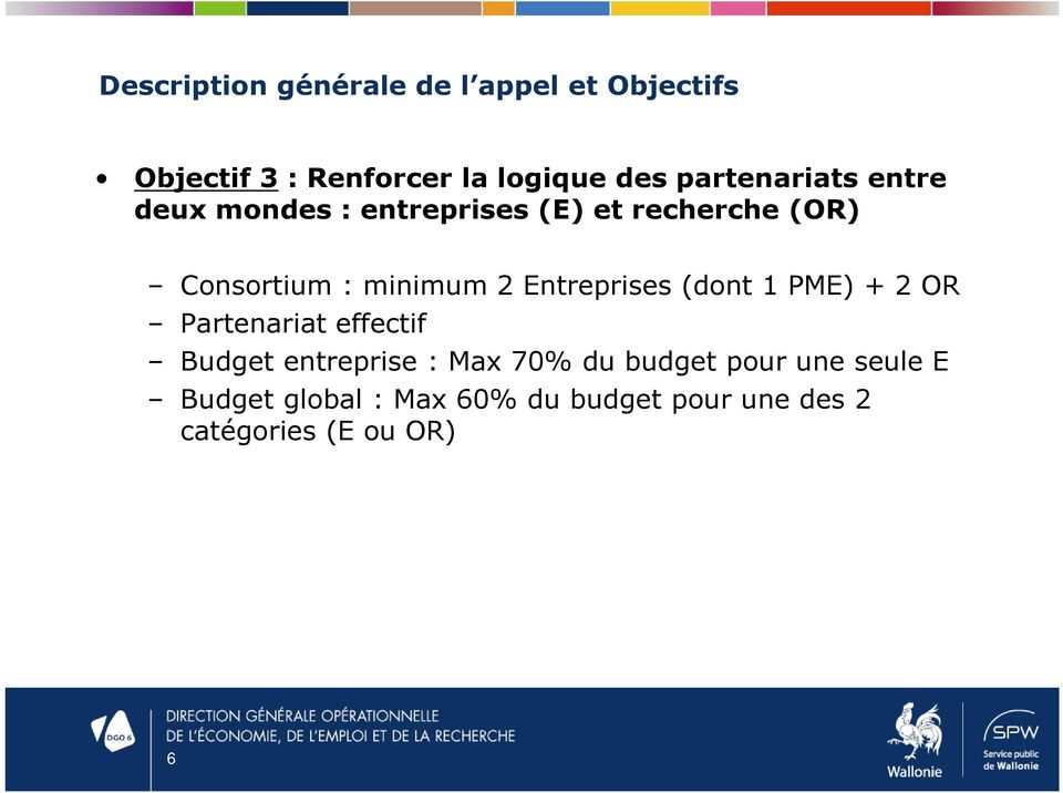 2 Entreprises (dont 1 PME) + 2 OR Partenariat effectif Budget entreprise : Max 70% du