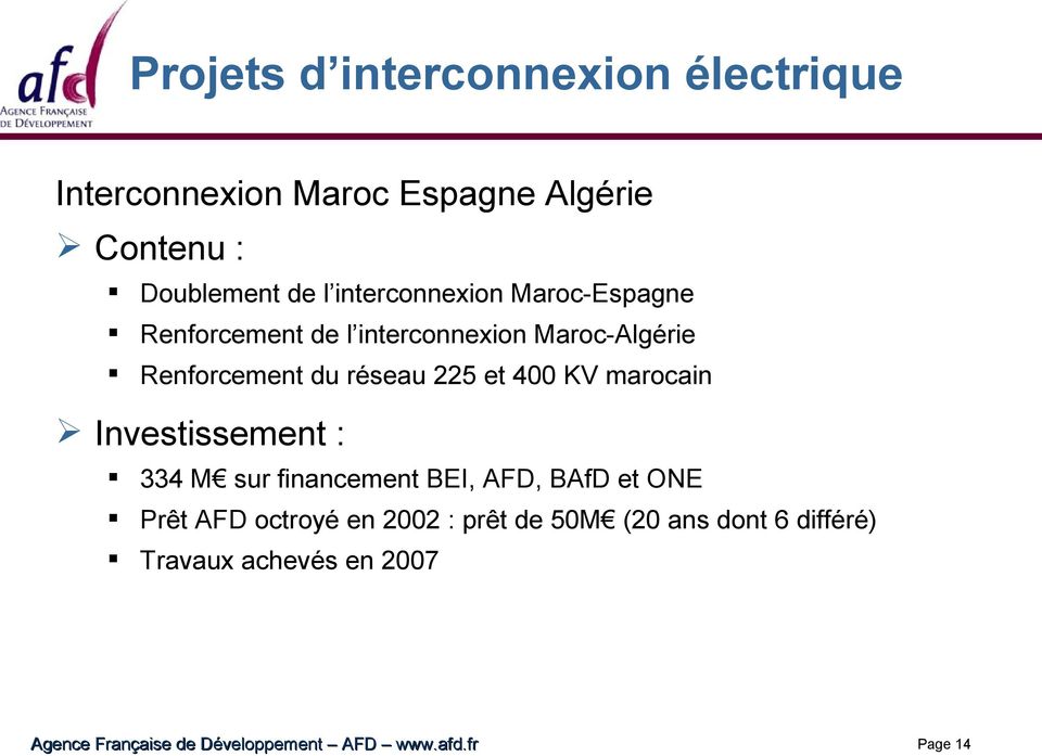 400 KV marocain Investissement : 334 M sur financement BEI, AFD, BAfD et ONE Prêt AFD octroyé en 2002 :