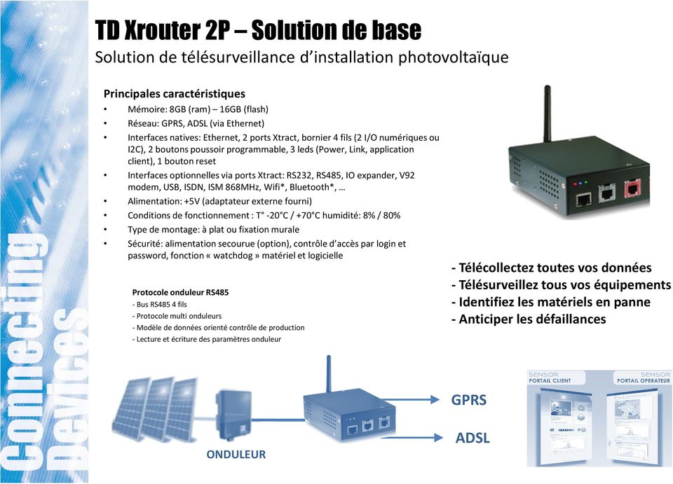 Xtract: RS232, RS485, IO expander, V92 modem, USB, ISDN, ISM 868MHz, Wifi*, Bluetooth*, Alimentation: +5V (adaptateur externe fourni) Conditions de fonctionnement : T -20 C / +70 C humidité: 8% / 80%