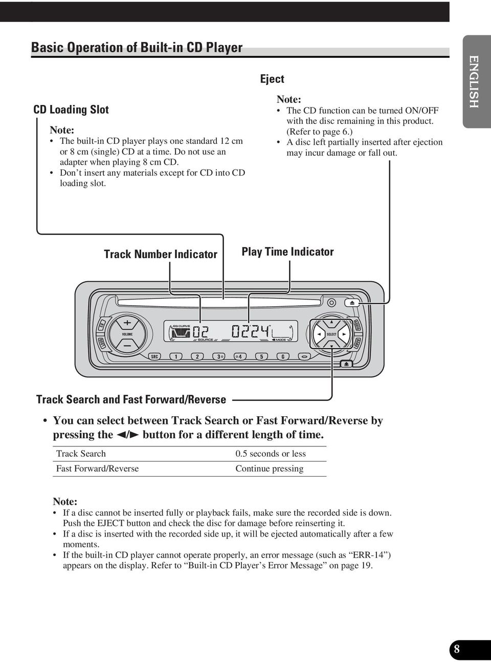 Track Number Indicator Track Search and Fast Forward/Reverse Eject Note: The CD function can be turned ON/OFF with the disc remaining in this product. (Refer to page 6.