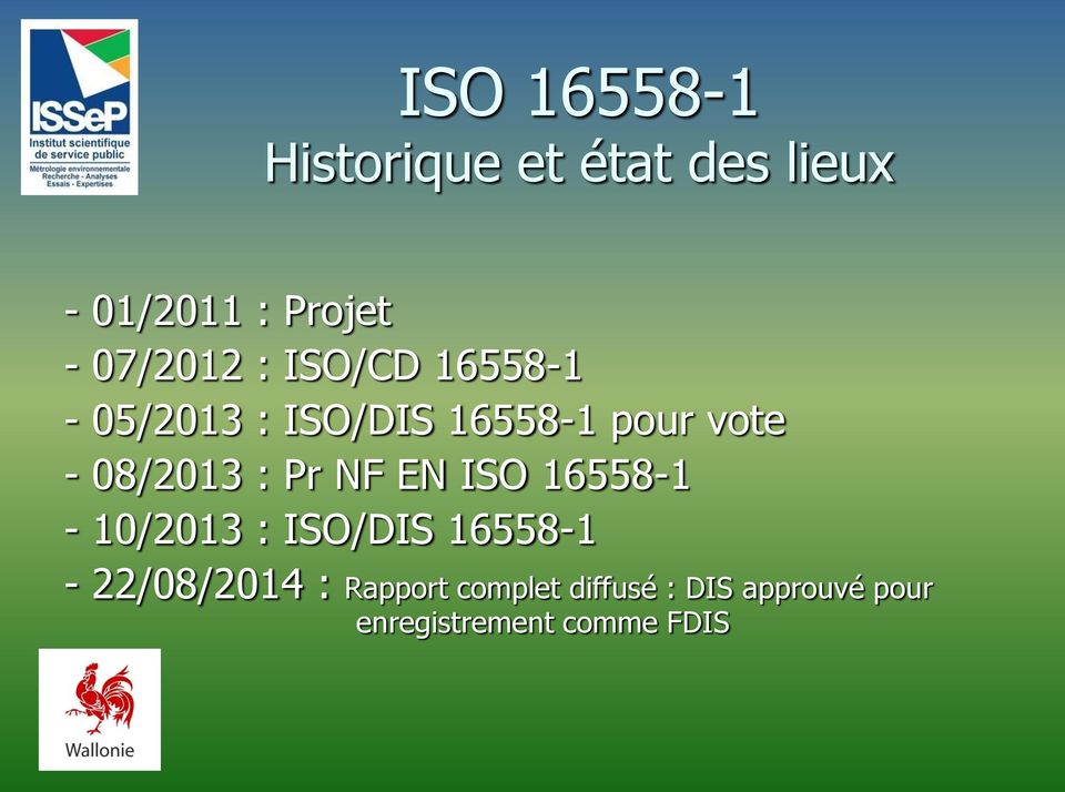 08/2013 : Pr NF EN ISO 16558-1 - 10/2013 : ISO/DIS 16558-1 -