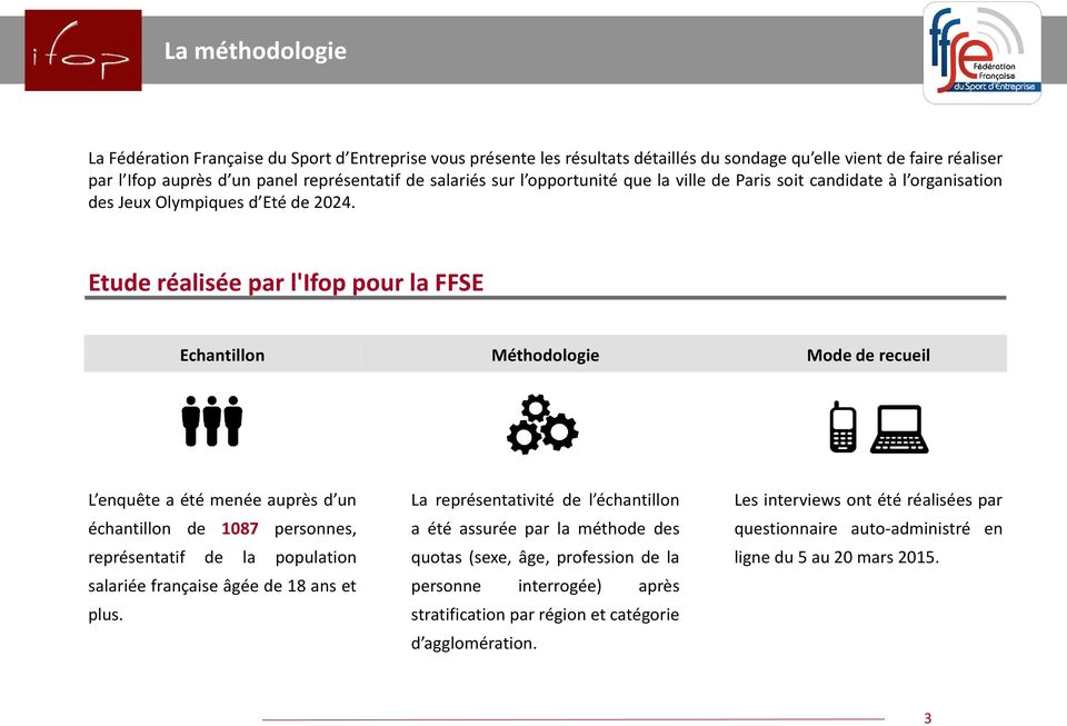 Etude réalisée par l'ifop pour la FFSE Echantillon Méthodologie Mode de recueil L enquête a été menée auprès d un échantillon de 1087 personnes, représentatif de la population salariée française âgée