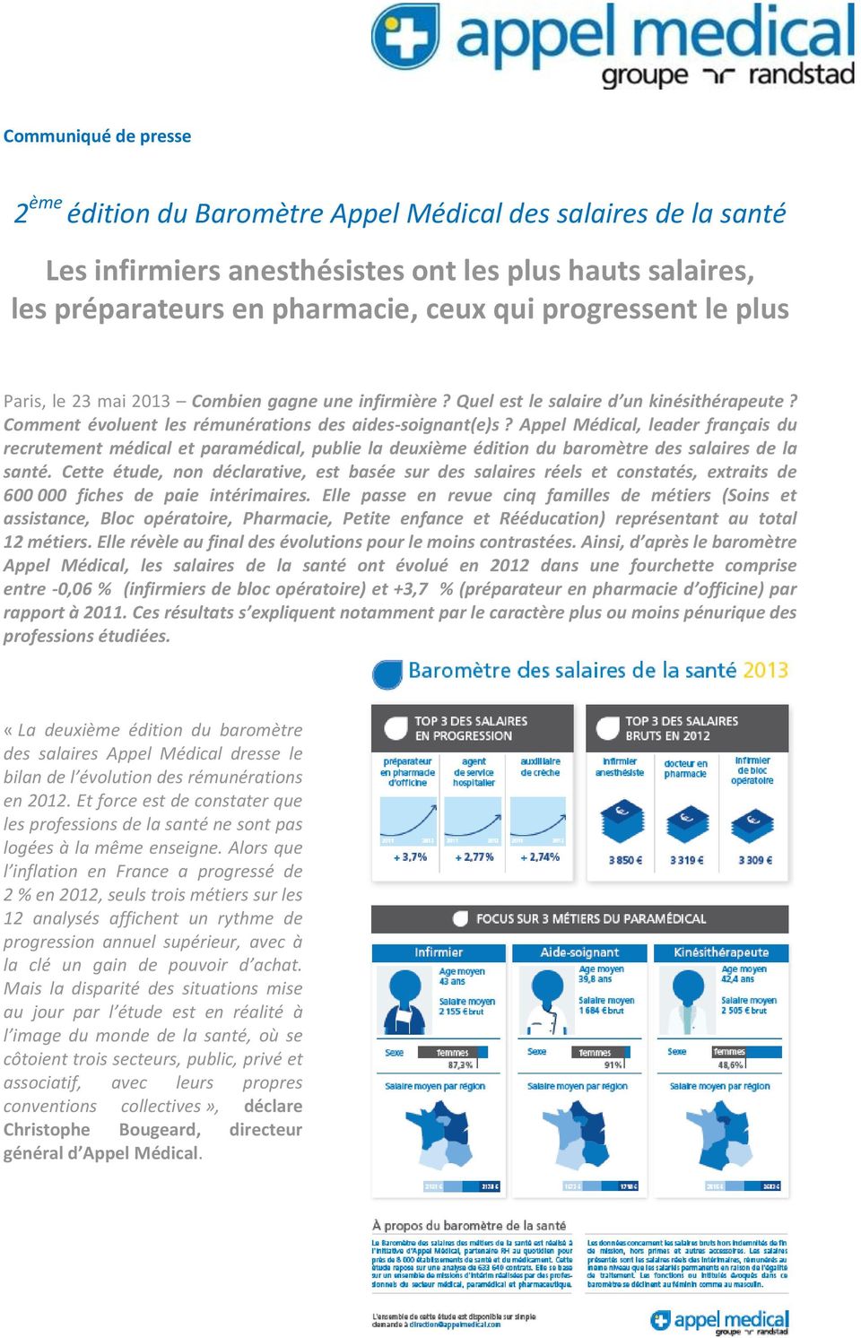 Appel Médical, leader français du recrutement médical et paramédical, publie la deuxième édition du baromètre des salaires de la santé.