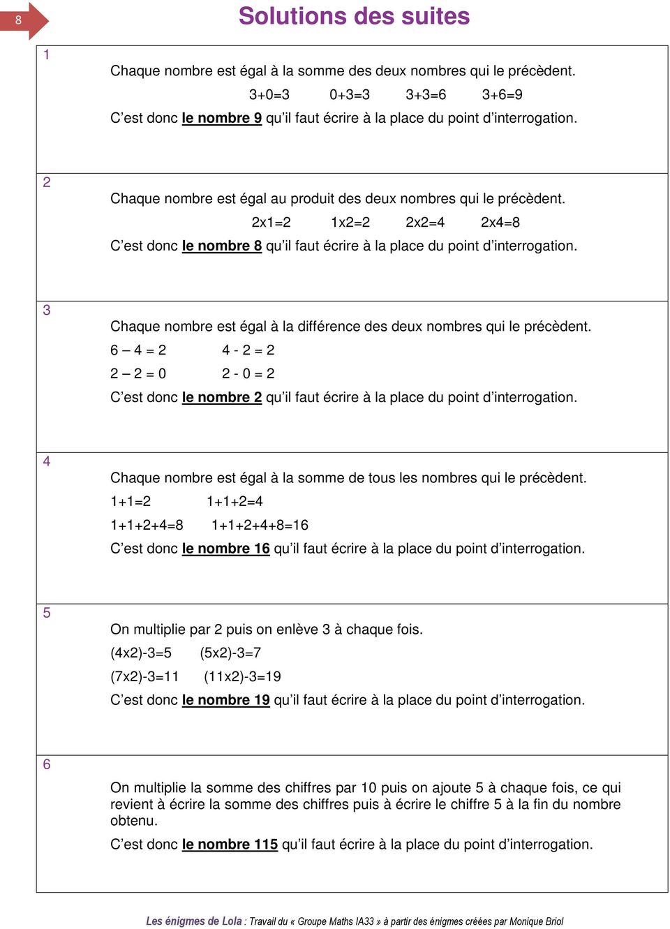 3 Chaque nombre est égal à la différence des deux nombres qui le précèdent. 6 4 = 2 4-2 = 2 2 2 = 0 2-0 = 2 C est donc le nombre 2 qu il faut écrire à la place du point d interrogation.
