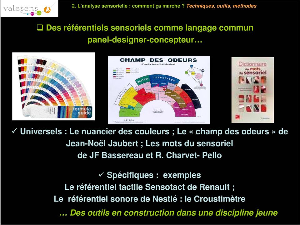 Le nuancier des couleurs ; Le «champ des odeurs» de Jean-Noël Jaubert ; Les mots du sensoriel de JF Bassereau et R.