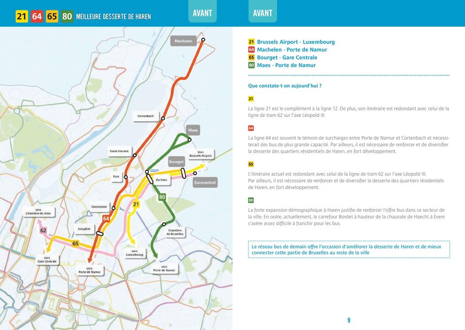 La ligne 64 est souvent le témoin de surcharges entre Porte de Namur et Cortenbach et nécessiterait des bus de plus grande capacité.