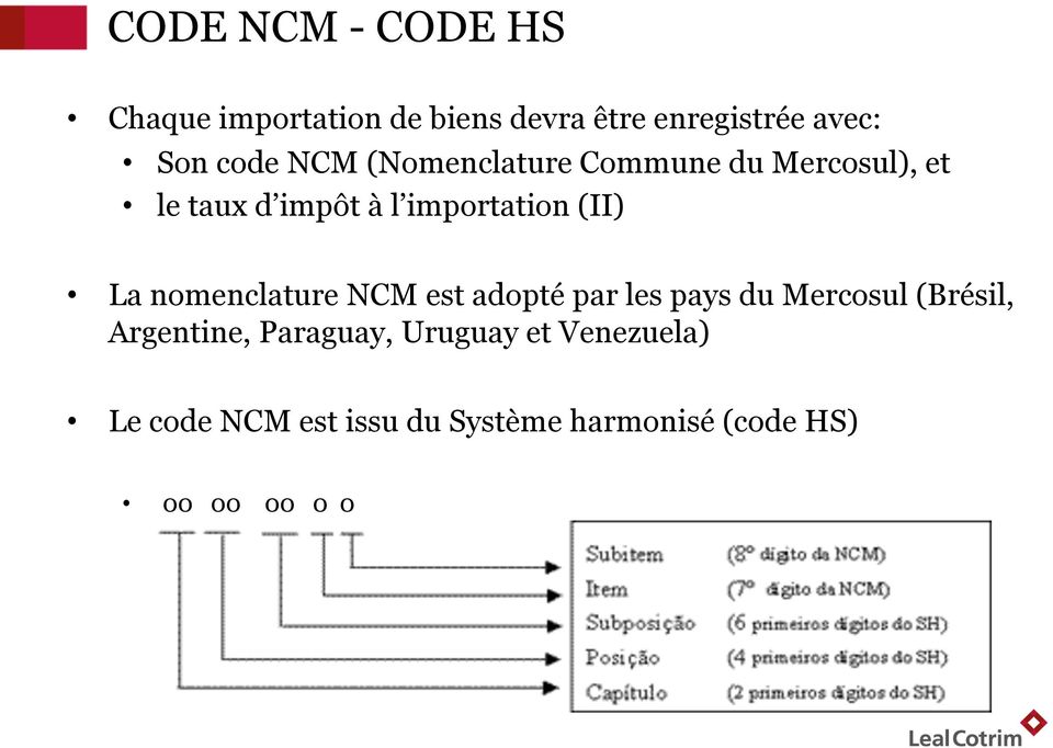 nomenclature NCM est adopté par les pays du Mercosul (Brésil, Argentine, Paraguay,