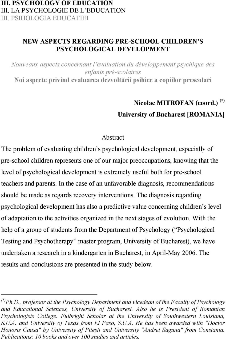 privind evaluarea dezvoltării psihice a copiilor prescolari Nicolae MITROFAN (coord.