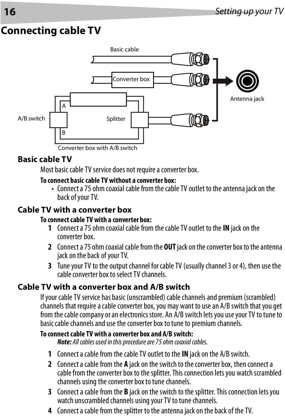 Cable TV with a converter box To connect cable TV with a converter box: 1 Connect a 75 ohm coaxial cable from the cable TV outlet to the IN jack on the converter box.