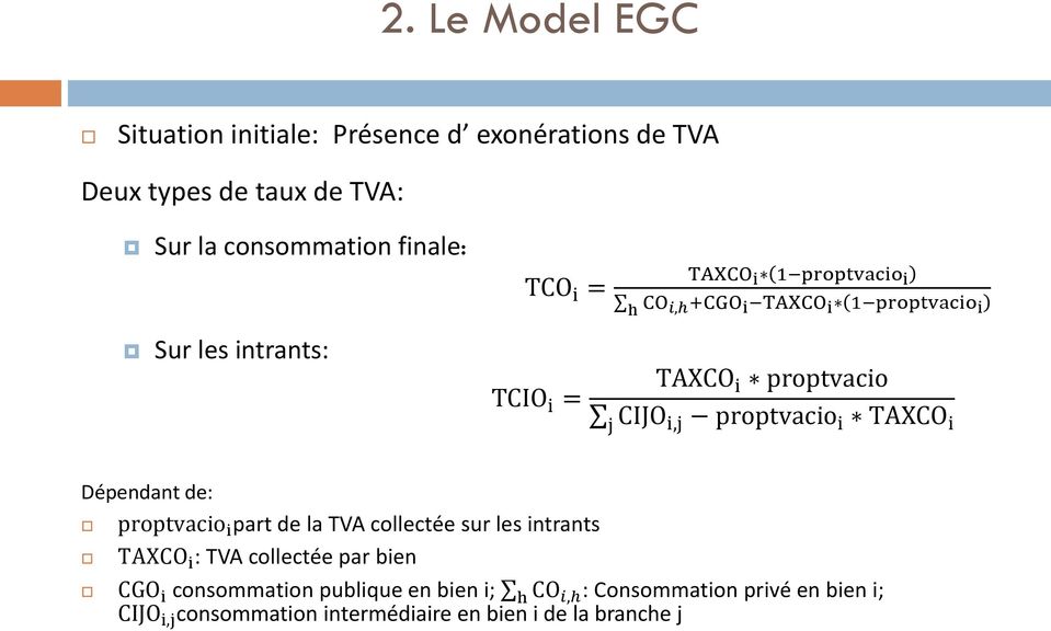proptvacio i TAXCO i Dépendant de: proptvacio i part de la TVA collectée sur les intrants TAXCO i : TVA collectée par bien CGO i