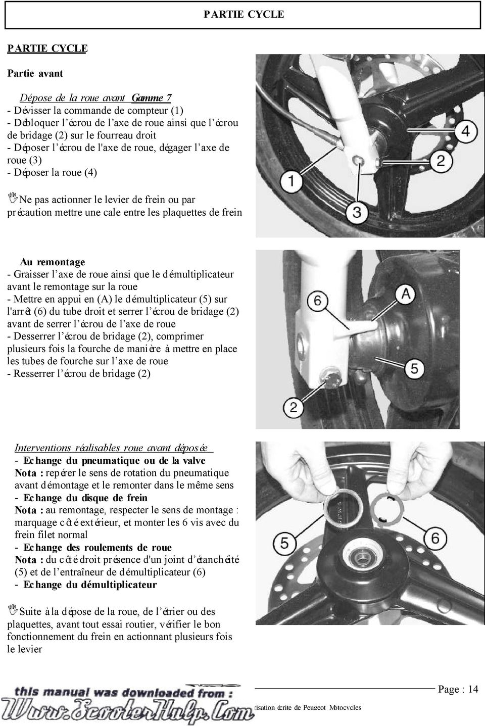 remontage - Graisser l axe de roue ainsi que le démultiplicateur avant le remontage sur la roue - Mettre en appui en (A) le démultiplicateur (5) sur l'arrêt (6) du tube droit et serrer l écrou de