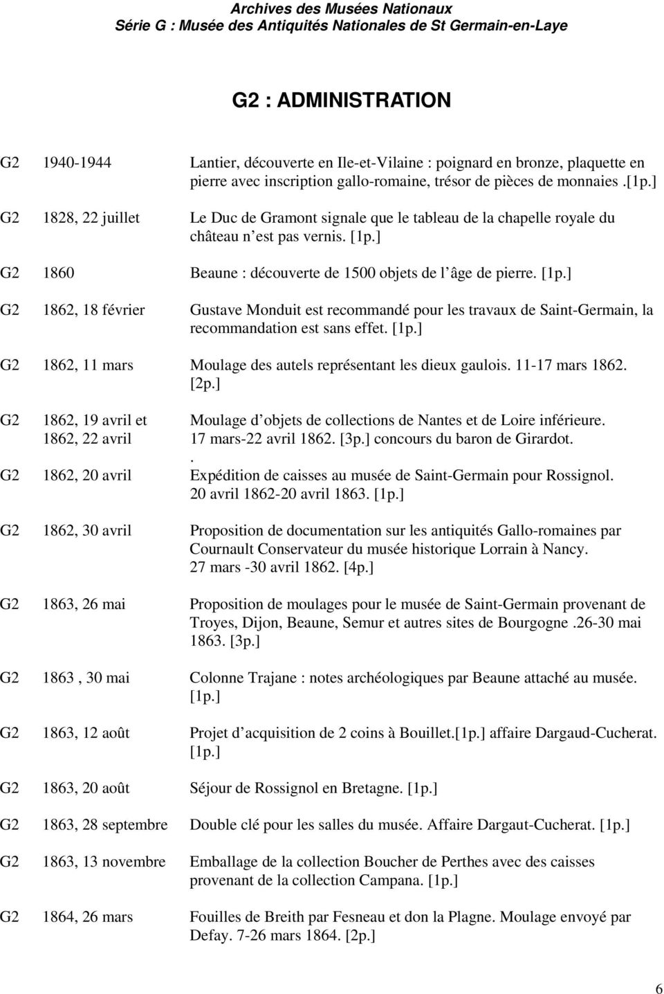 ] G2 1860 Beaune : découverte de 1500 objets de l âge de pierre. [1p.] G2 1862, 18 février Gustave Monduit est recommandé pour les travaux de Saint-Germain, la recommandation est sans effet. [1p.] G2 1862, 11 mars Moulage des autels représentant les dieux gaulois.