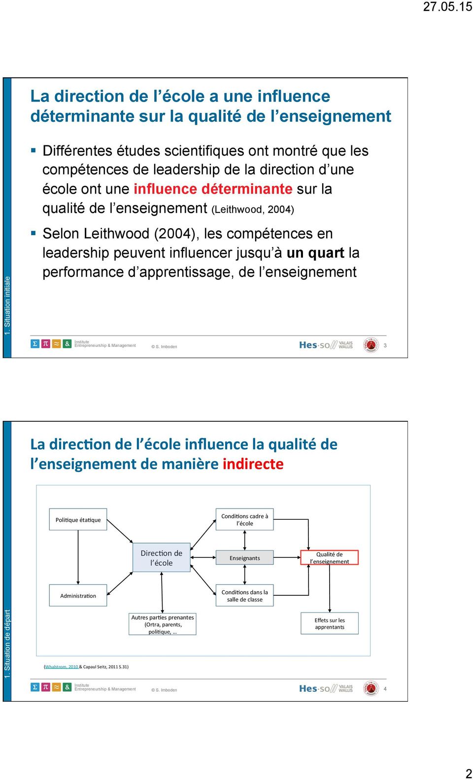 (Leithwood, 2004) Selon Leithwood (2004), les compétences en leadership peuvent influencer jusqu à un quart la performance d apprentissage, de l enseignement 3 La direc)on de l école influence la