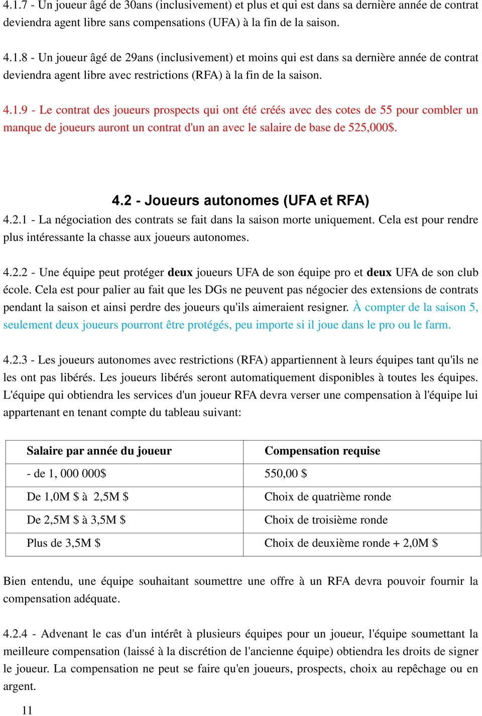 2 - Joueurs autonomes (UFA et RFA) 4.2.1 - La négociation des contrats se fait dans la saison morte uniquement. Cela est pour rendre plus intéressante la chasse aux joueurs autonomes. 4.2.2 - Une équipe peut protéger deux joueurs UFA de son équipe pro et deux UFA de son club école.
