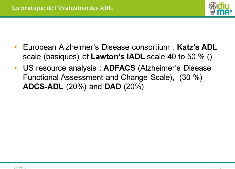 50 % () US resource analysis : ADFACS (Alzheimer s Disease Functional