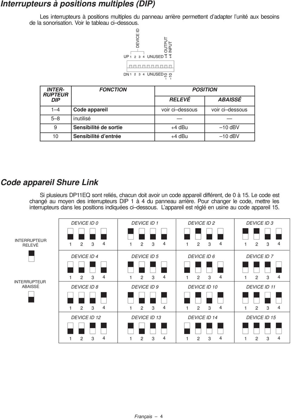 appareil Shure Link Si plusieurs DP11EQ sont reliés, chacun doit avoir un code appareil différent, de 0 à 15. Le code est changé au moyen des interrupteurs DIP 1 à 4 du panneau arrière.
