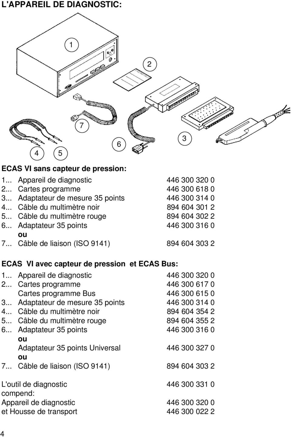 .. Câble de liaison (ISO 9141) 894 604 303 2 ECAS VI avec capteur de pression et ECAS Bus: 1... Appareil de diagnostic 446 300 320 0 2.