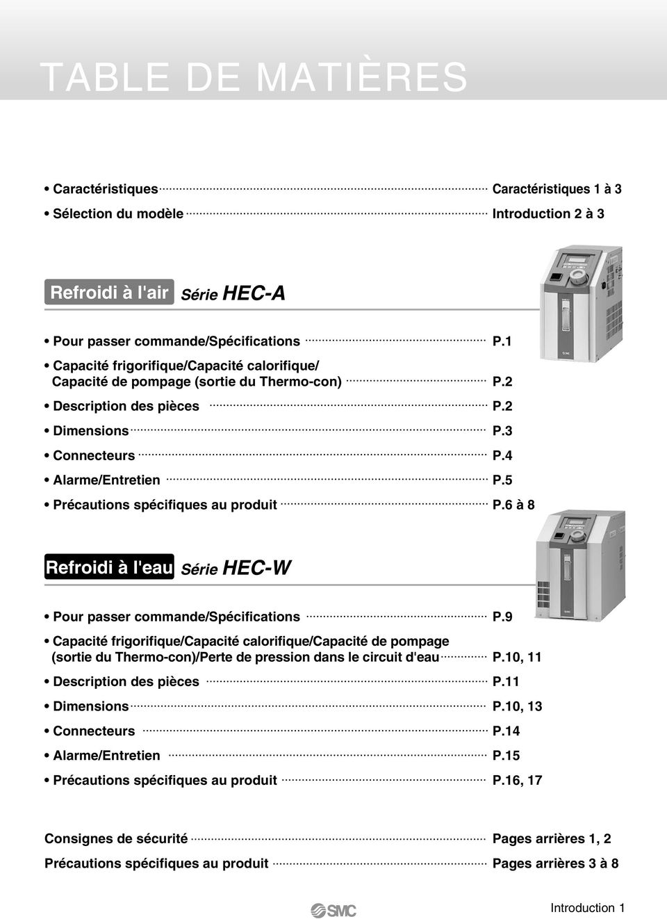 6 à 8 Refroidi à l'eau Série HEC-W Pour passer commande/spécifications Capacité frigorifique/capacité calorifique/capacité de pompage (sortie du Thermo-con)/Perte de pression dans le circuit d'eau