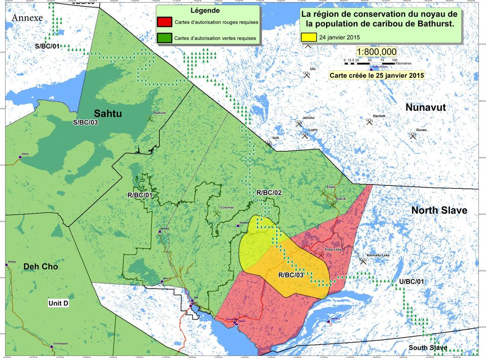 5 25 50 75 100 Kilometres Bathurst Inlet Carte créée le 25 janvier 2015 66 Sahtu Radium Jericho Hackett Nunavut S/BC/03 Lupin Goose Izok Deline 65 Ekati R/BC/01