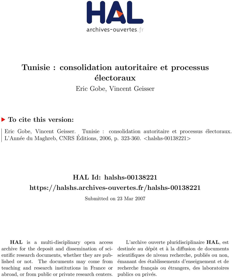 fr/halshs-00138221 Submitted on 23 Mar 2007 HAL is a multi-disciplinary open access archive for the deposit and dissemination of scientific research documents, whether they are published or not.