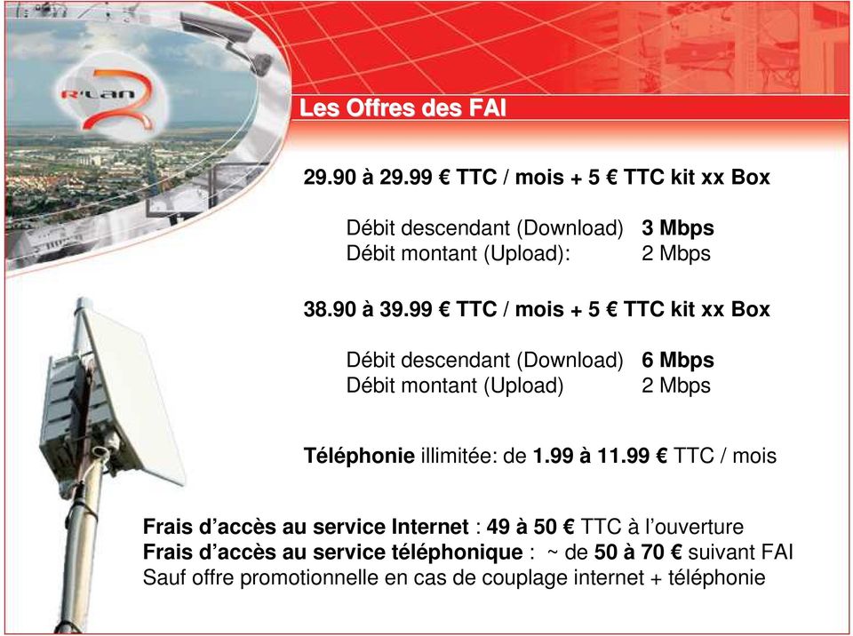 99 TTC / mois + 5 TTC kit xx Box Débit descendant (Download) Débit montant (Upload) 6 Mbps 2 Mbps Téléphonie illimitée: