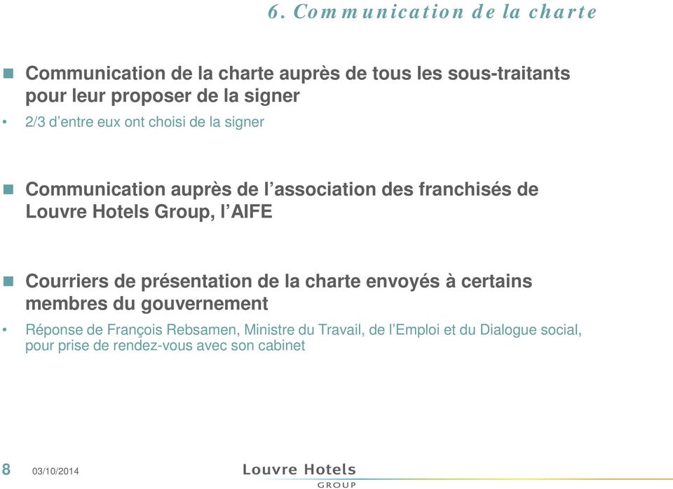 Hotels Group, l AIFE Courriers de présentation de la charte envoyés à certains membres du gouvernement Réponse de