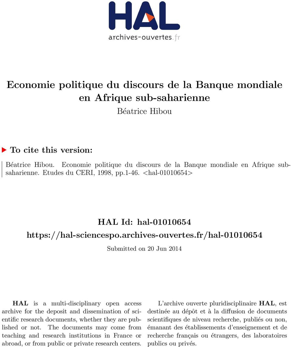fr/hal-01010654 Submitted on 20 Jun 2014 HAL is a multi-disciplinary open access archive for the deposit and dissemination of scientific research documents, whether they are published or not.