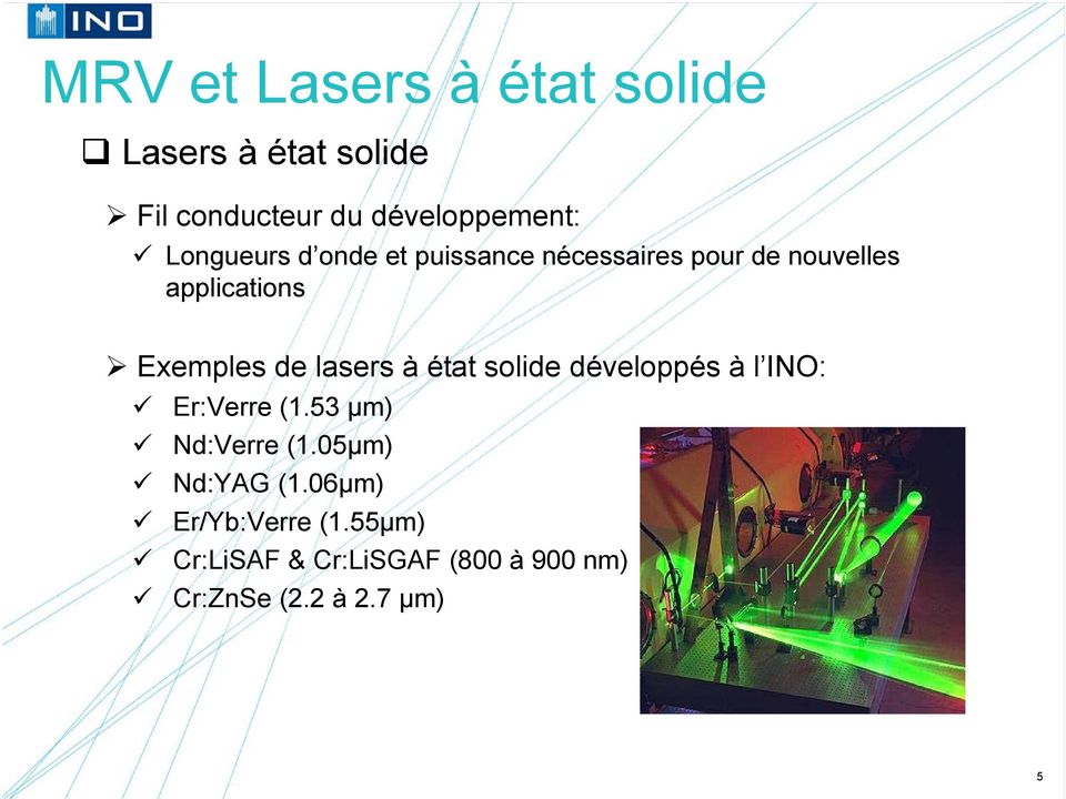 lasers à état solide développés à l INO: Er:Verre (1.53 µm) Nd:Verre (1.