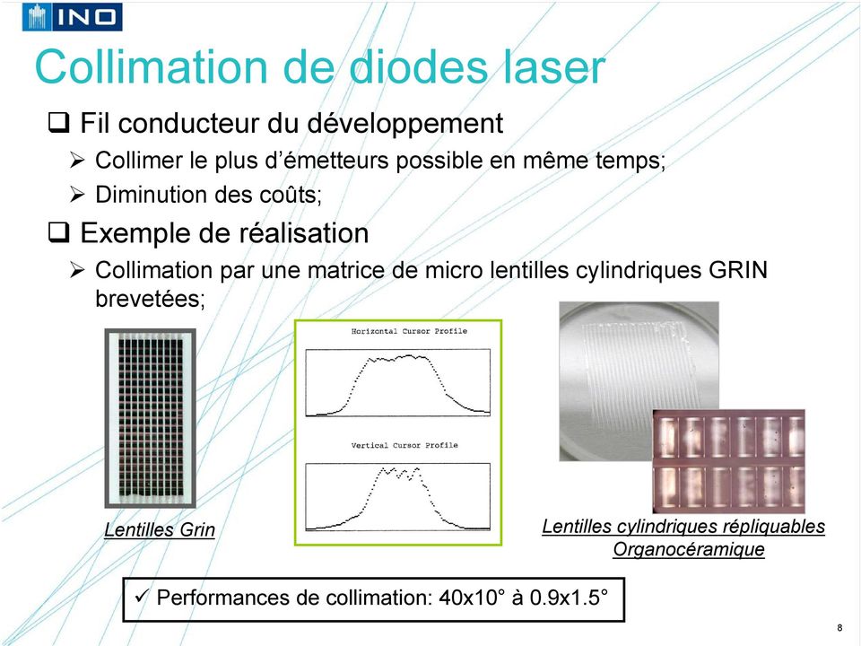 Collimation par une matrice de micro lentilles cylindriques GRIN brevetées; Lentilles