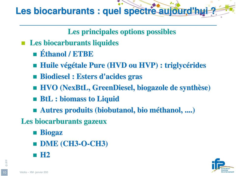 HVP) : triglycérides rides Biodiesel : Esters d'acides gras HVO (NexBtL( NexBtL, GreenDiesel, biogazole