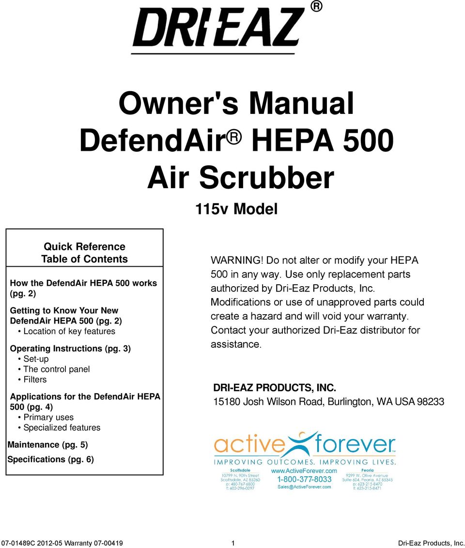 3) Set-up The control panel Filters Applications for the DefendAir HEPA 500 (pg.