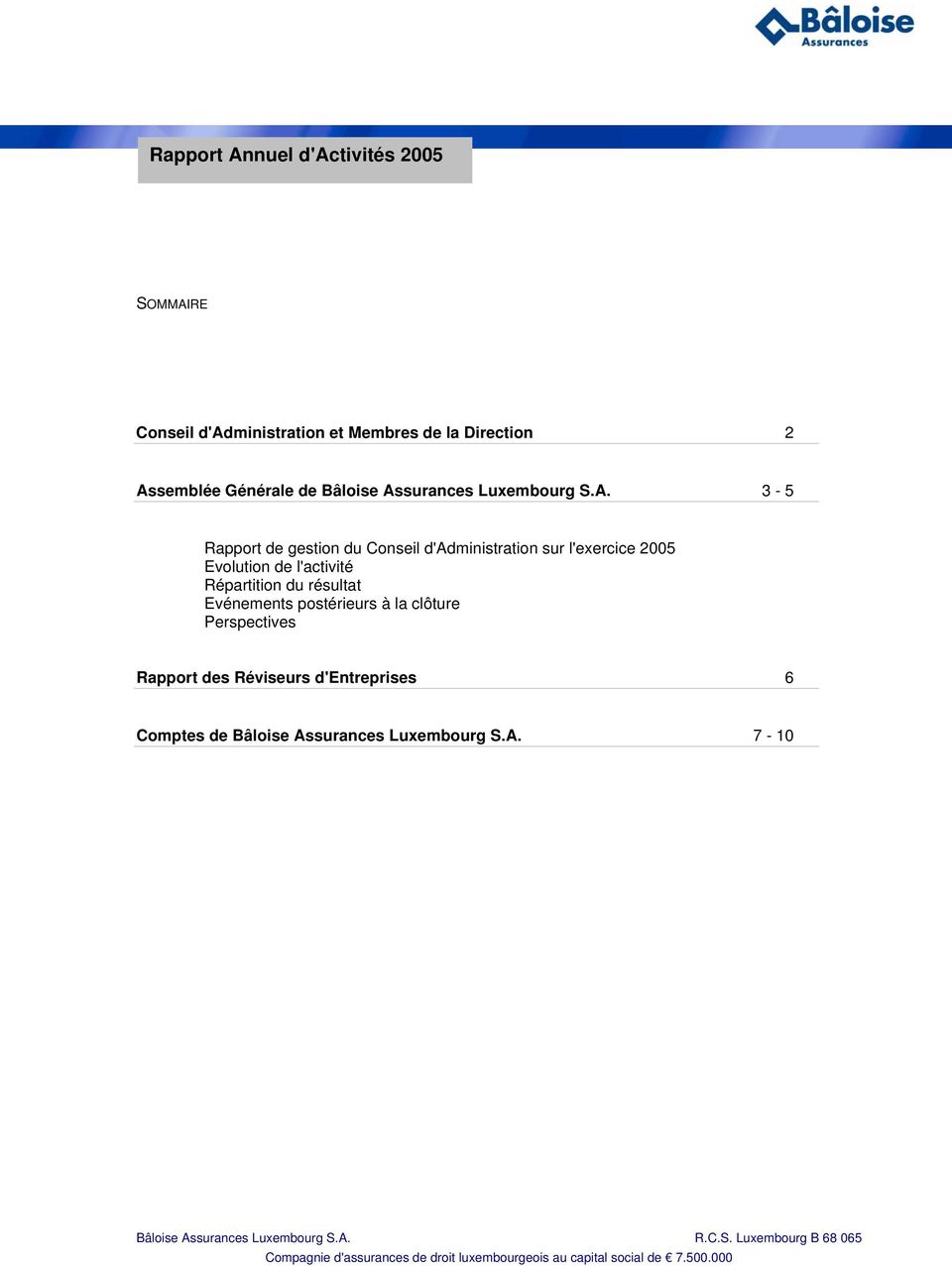 3-5 Rapport de gestion du Conseil d'administration sur l'exercice 2005 Evolution de l'activité Répartition du résultat Evénements