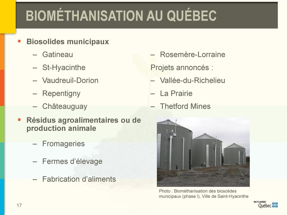 Projets annoncés : Vallée-du-Richelieu La Prairie Thetford Mines Fromageries Fermes d élevage