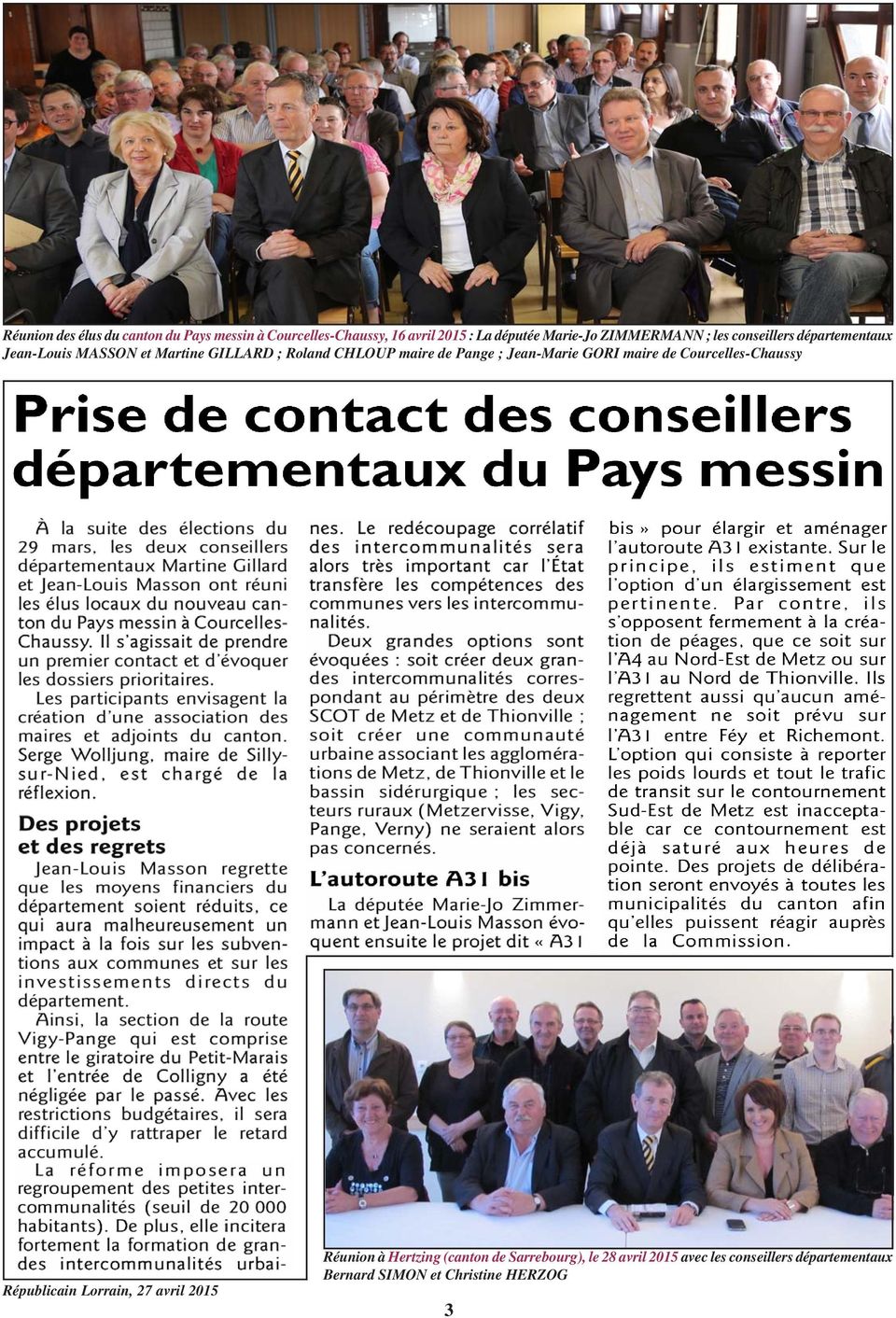 Pange ; Jean-Marie GORI maire de Courcelles-Chaussy Républicain Lorrain, 27 avril 2015 Réunion à Hertzing