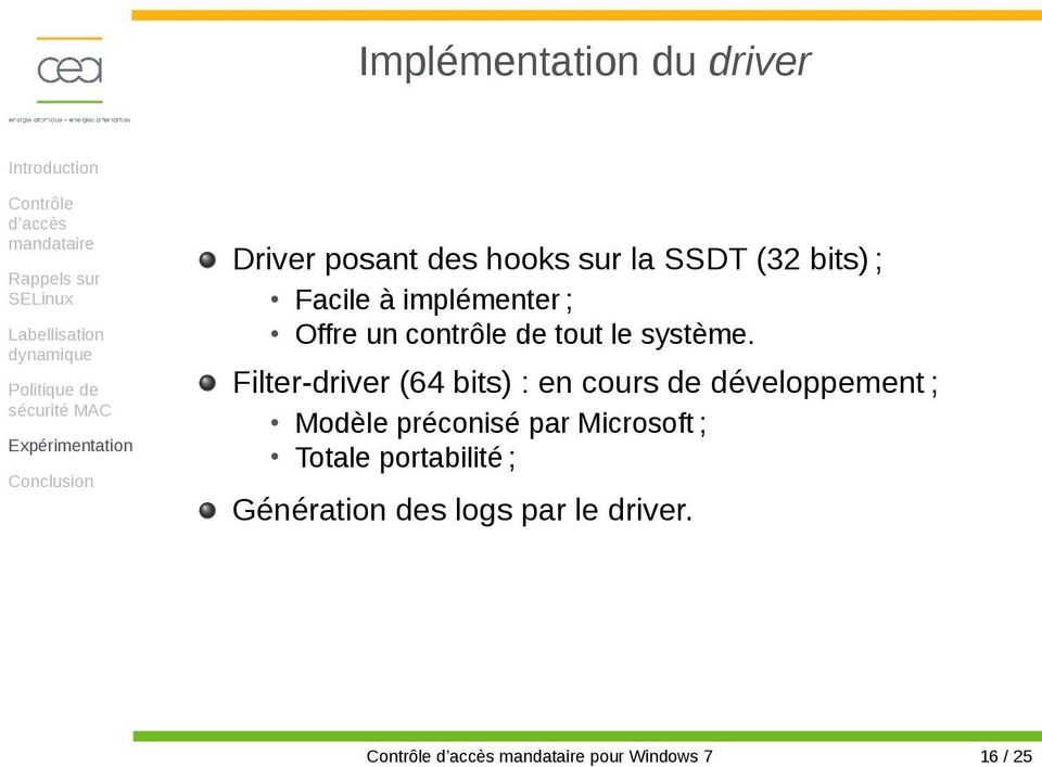 Filter-driver (64 bits) : en cours de développement ; Modèle préconisé par
