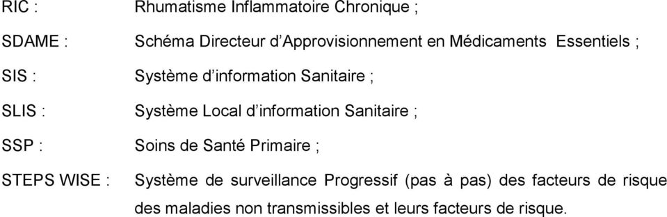 information Sanitaire ; SSP : Soins de Santé Primaire ; STEPS WISE : Système de surveillance