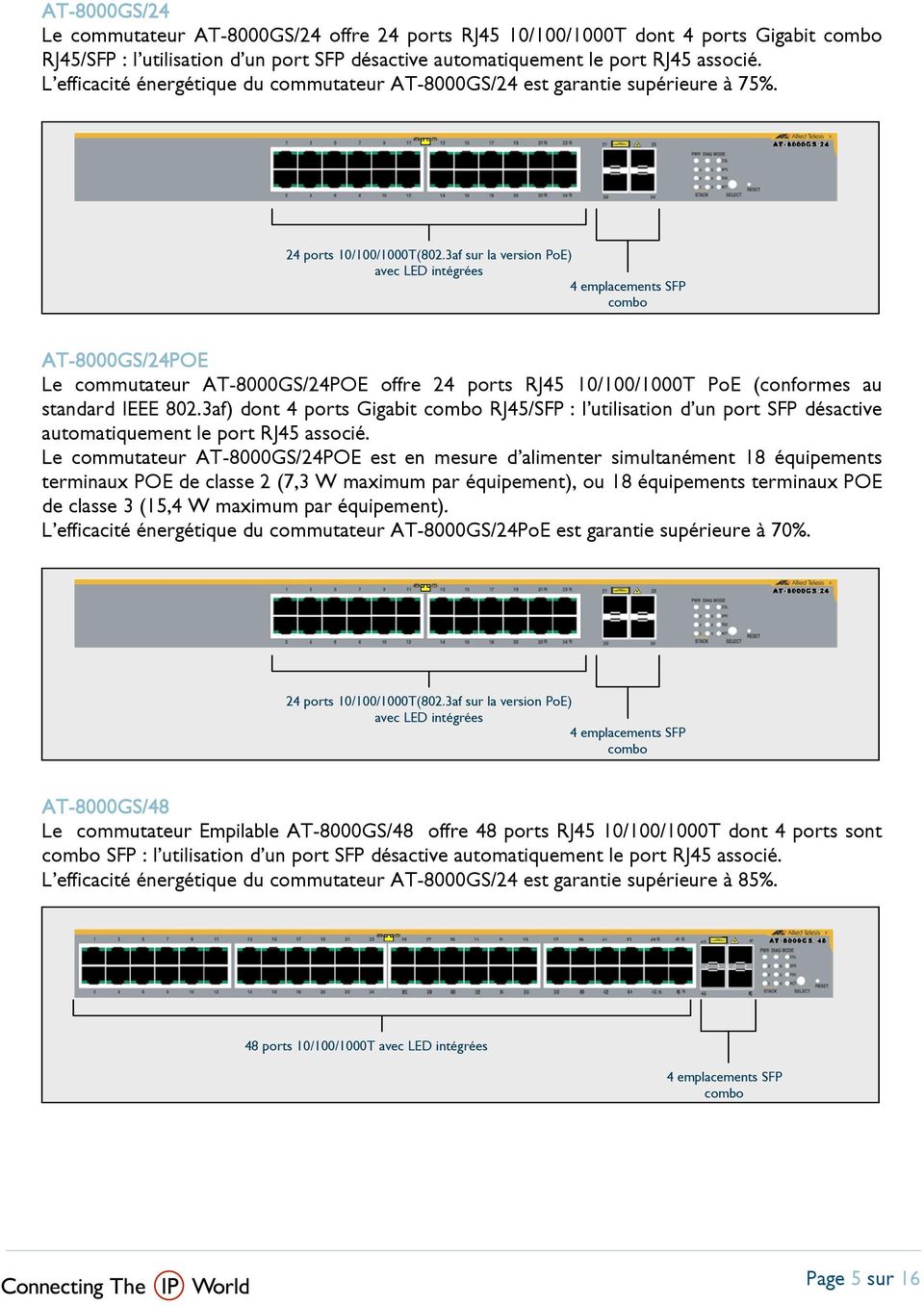 3af sur la version PoE) avec LED intégrées 4 emplacements SFP combo AT-8000GS/24POE Le commutateur AT-8000GS/24POE offre 24 ports RJ45 10/100/1000T PoE (conformes au standard IEEE 802.