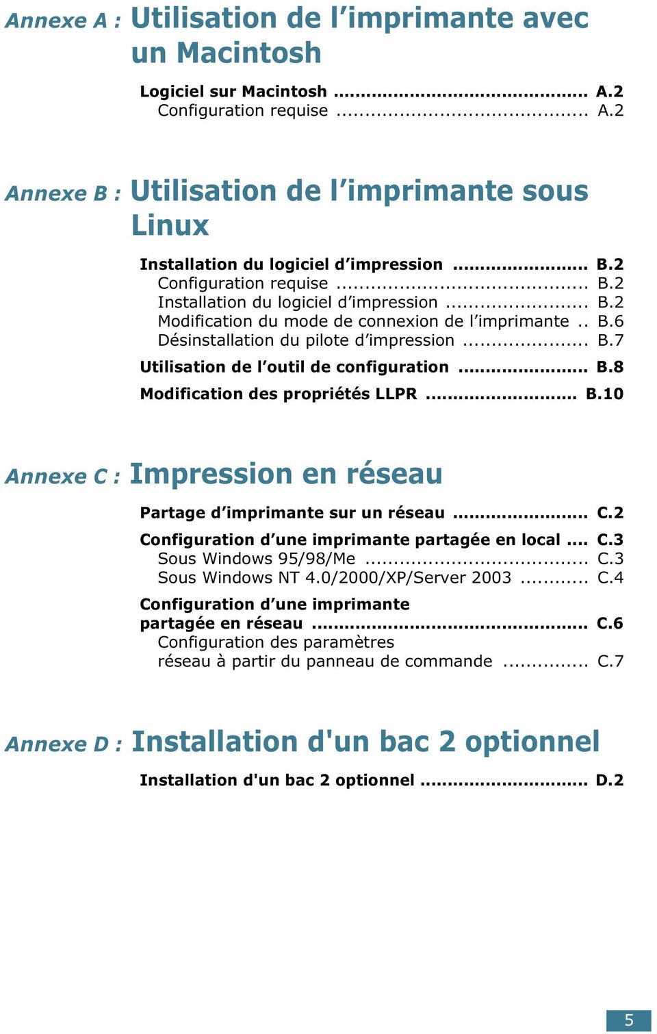 .. B.8 Modification des propriétés LLPR... B.10 Annexe C : Impression en réseau Partage d imprimante sur un réseau... C.2 Configuration d une imprimante partagée en local... C.3 Sous Windows 95/98/Me.