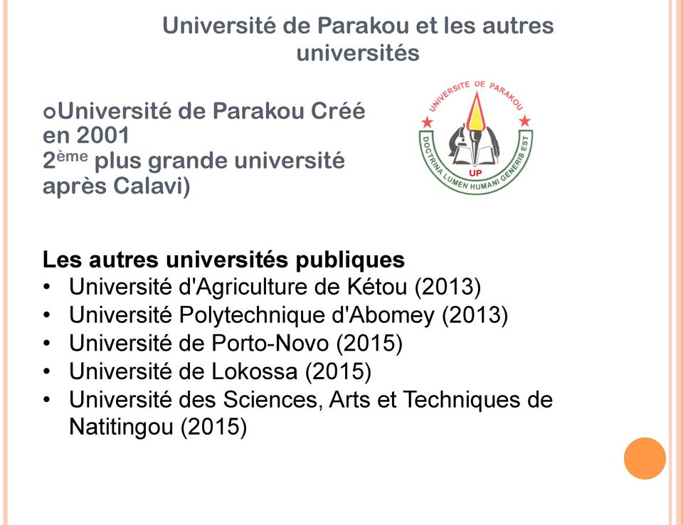 d'agriculture de Kétou (2013) Université Polytechnique d'abomey (2013) Université de