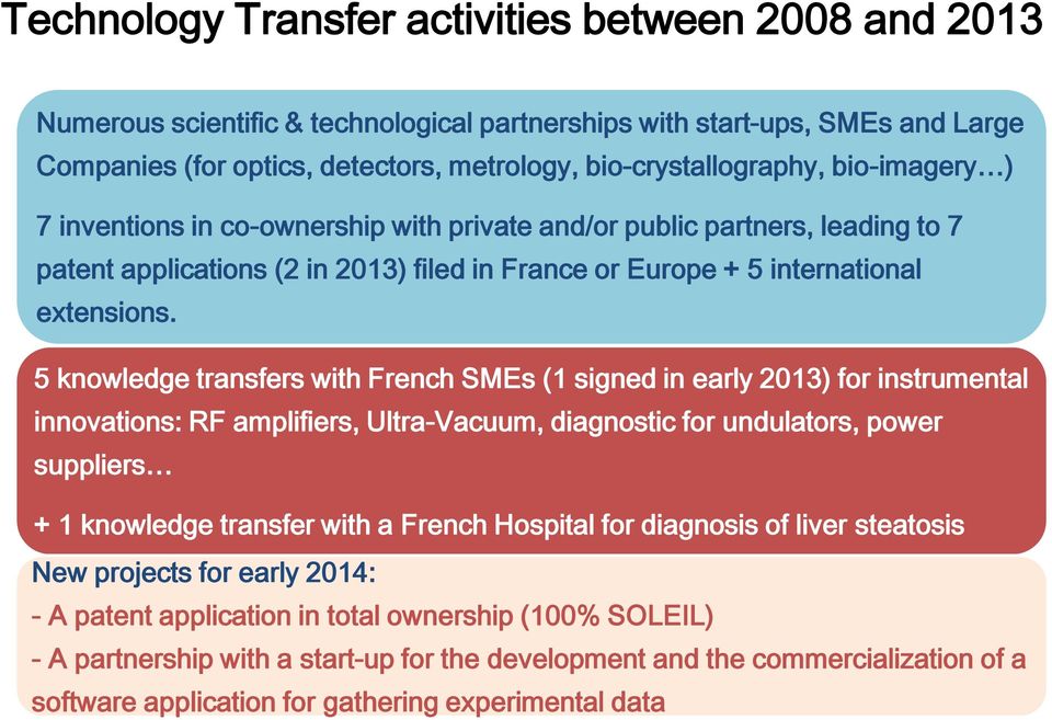 5 knowledge transfers with French SMEs (1 signed in early 2013) for instrumental innovations: RF amplifiers, Ultra-Vacuum, diagnostic for undulators, power suppliers + 1 knowledge transfer with a