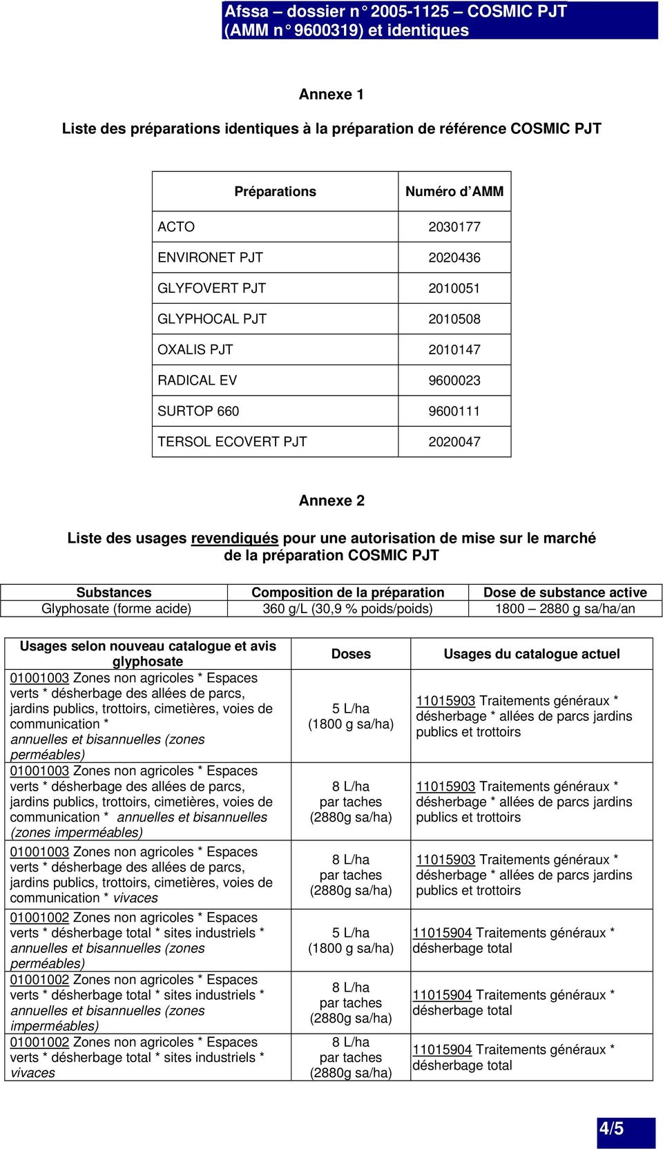 marché de la préparation COSMIC PJT Substances Composition de la préparation Dose de substance active Glyphosate (forme acide) 360 g/l (30,9 % poids/poids) 1800 2880 g sa/ha/an