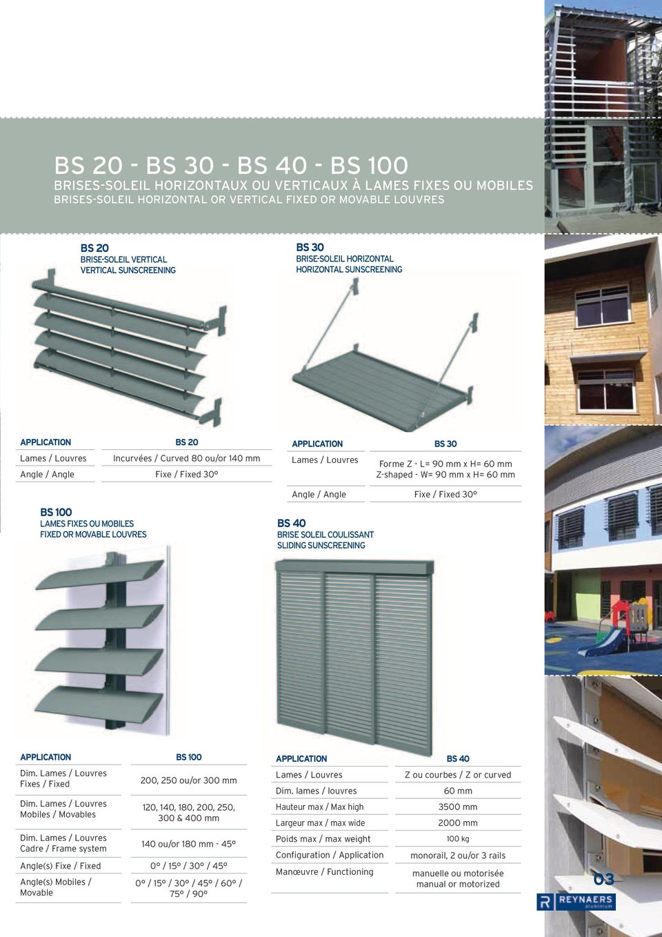 louvres Application BS 30 Forme Z - L= 90 mm x H= 60 mm Z-shaped - W= 90 mm x H= 60 mm Angle / Angle Fixe / Fixed 30 BS 40 brise soleil coulissant sliding sunscreening Application bs 100 Dim.
